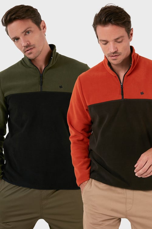 Regular Fit Anti-Pilling Tüylenme Yapmayan Dik Yaka Şardonlu 2'li Paket Erkek Polar 5906016S2 Haki-Oranj