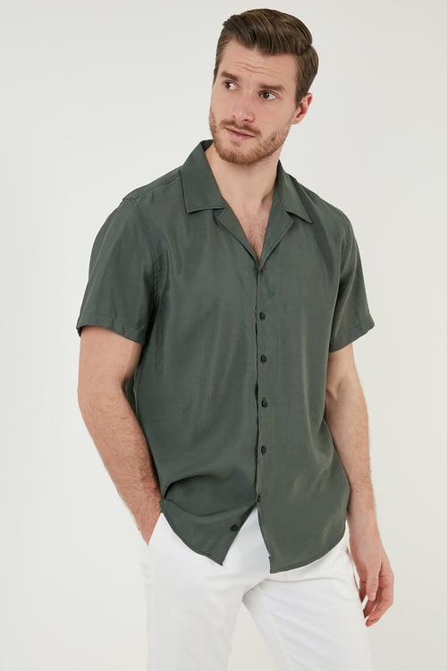 Regular Fit Apaş Yaka Kısa Kollu Modal Erkek Gömlek CF24S117929 HAKİ