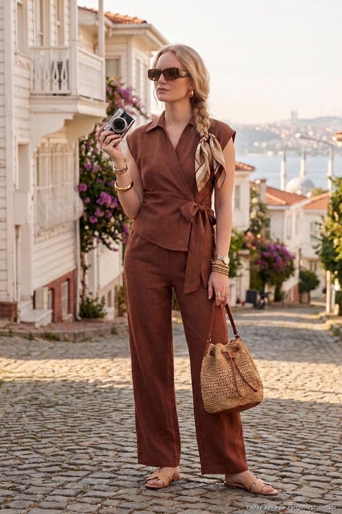 Regular Fit Bağlama Detaylı Kolsuz Kadın Takım 5866787 KAHVE