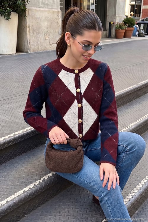 Regular Fit Bisiklet Yaka Baklava Desenli Düğmeli Crop Kadın Hırka 4615570 BORDO