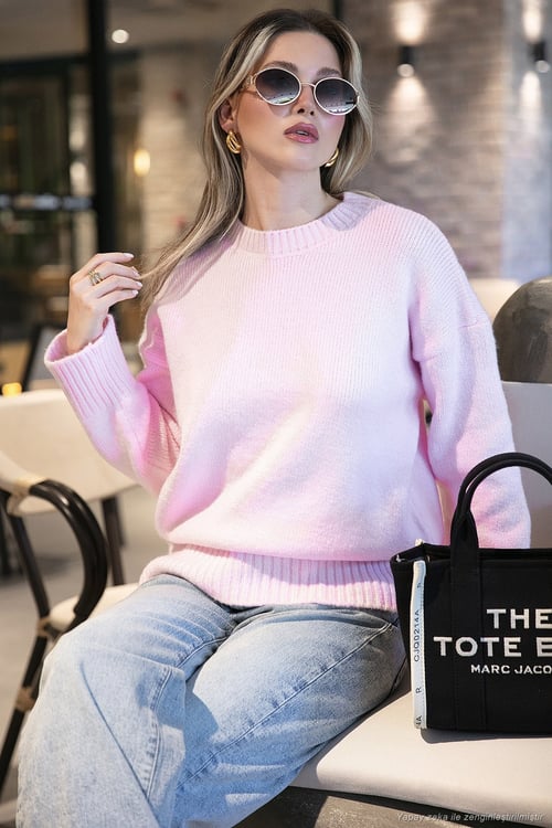 Regular Fit Bisiklet Yaka Basic Triko Kadın Kazak 4616213 TOZ PEMBE