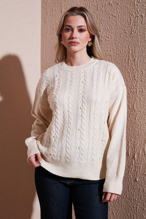 Regular Fit Bisiklet Yaka İnci Detaylı Kadın Kazak 25K0144K1 EKRU