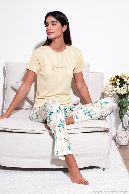 Regular Fit Bisiklet Yaka Kısa Kollu Kadın Pijama Takımı 65770105 SARI