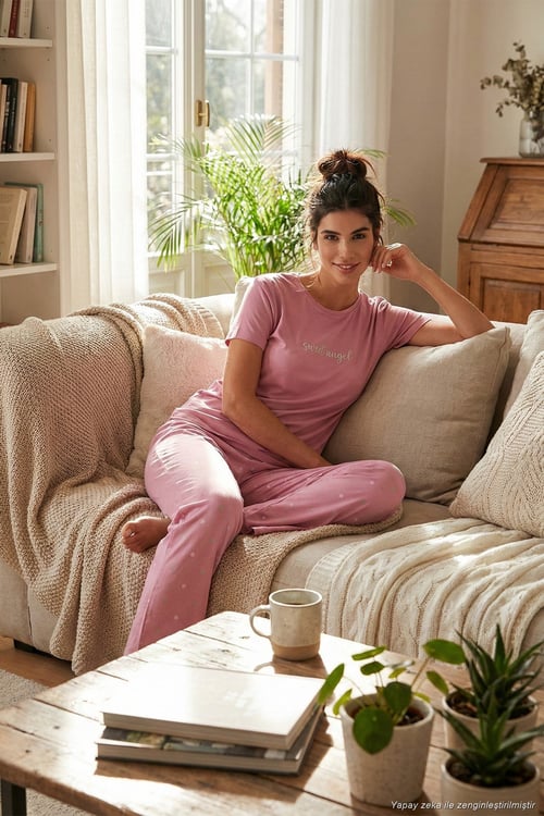 Regular Fit Bisiklet Yaka Kısa Kollu Kadın Pijama Takımı 65750107 PUDRA