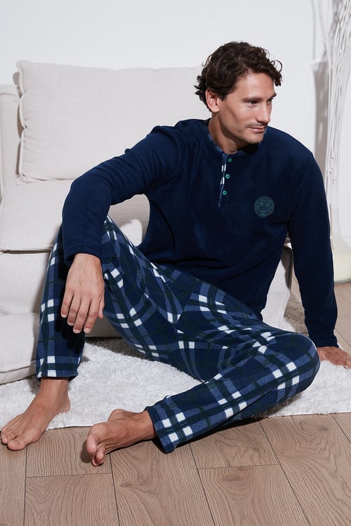 Regular Fit Bisiklet Yaka Kışlık Yumuşak Dokulu Polar Erkek Pijama Takımı 6096100 LACİVERT