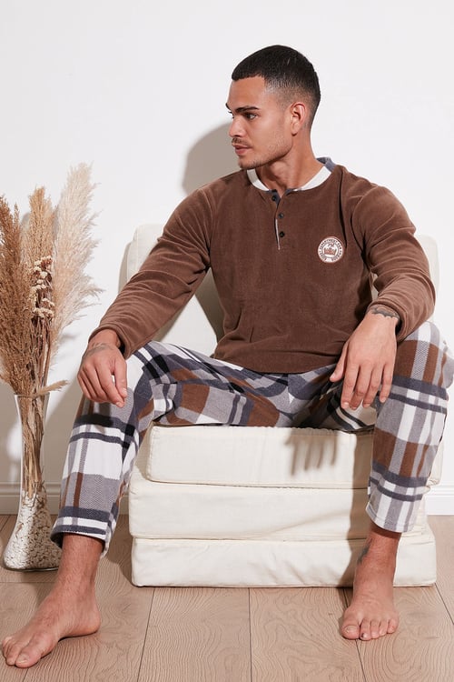 Regular Fit Bisiklet Yaka Kışlık Yumuşak Dokulu Polar Erkek Pijama Takımı 6096100 CAMEL