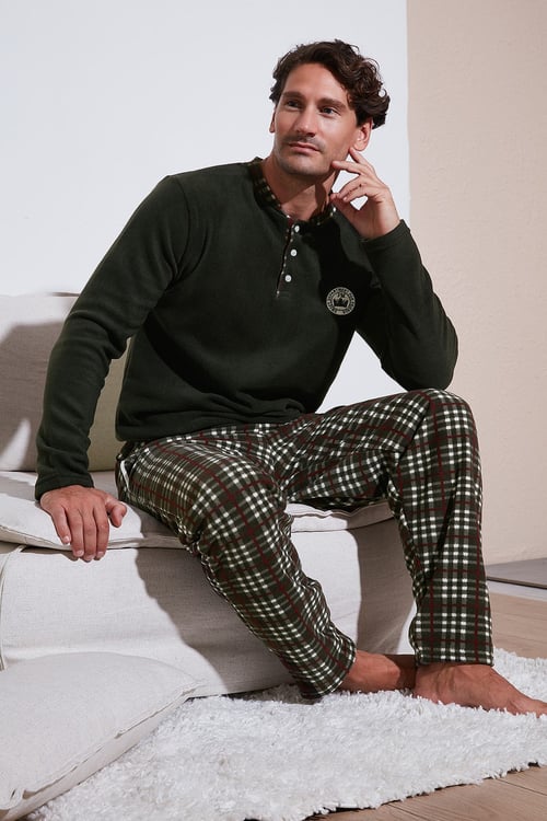 Regular Fit Bisiklet Yaka Kışlık Yumuşak Dokulu Polar Erkek Pijama Takımı 6096100 HAKİ