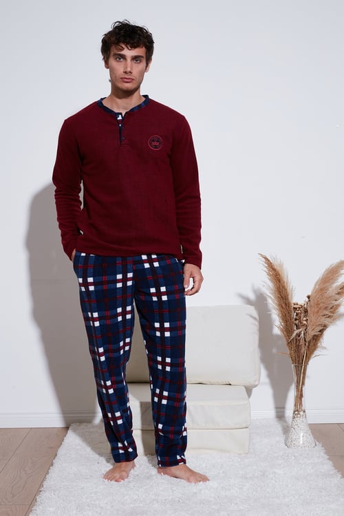 Regular Fit Bisiklet Yaka Kışlık Yumuşak Dokulu Polar Erkek Pijama Takımı 6096100 BORDO
