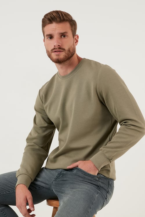 Regular Fit Bisiklet Yaka Pamuklu Erkek Sweat 5905337 HAKİ