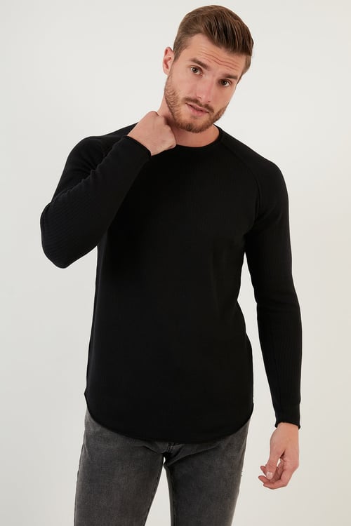 Regular Fit Bisiklet Yaka Pamuklu Erkek Kazak 6353420 SİYAH