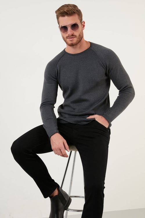 Regular Fit Bisiklet Yaka Pamuklu Erkek Kazak 6353420 ANTRASİT