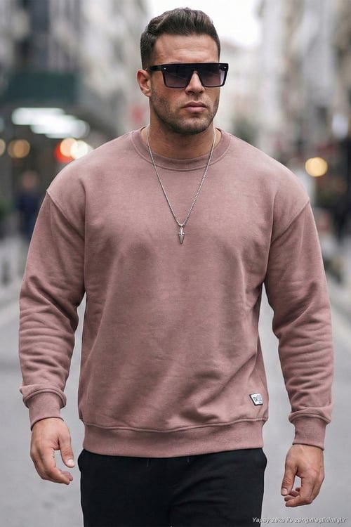 Regular Fit Bisiklet Yaka Pamuklu İçi Tüylü Yumuşak Şardonlu Erkek Sweat 5905255 GÜL