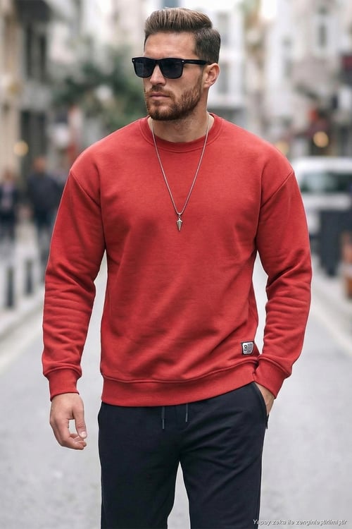 Regular Fit Bisiklet Yaka Pamuklu İçi Tüylü Yumuşak Şardonlu Erkek Sweat 5905255 BAYRAK KIRMIZI