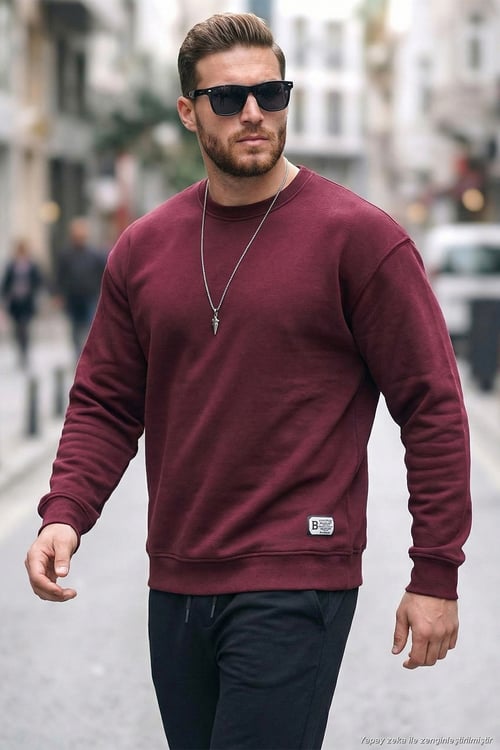Regular Fit Bisiklet Yaka Pamuklu İçi Tüylü Yumuşak Şardonlu Erkek Sweat 5905255 VİŞNE