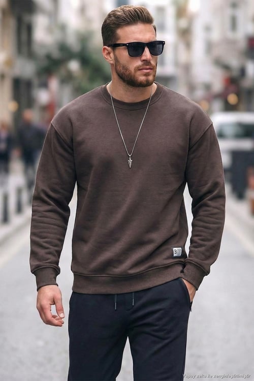 Regular Fit Bisiklet Yaka Pamuklu İçi Tüylü Yumuşak Şardonlu Erkek Sweat 5905255 KOYU KAHVE