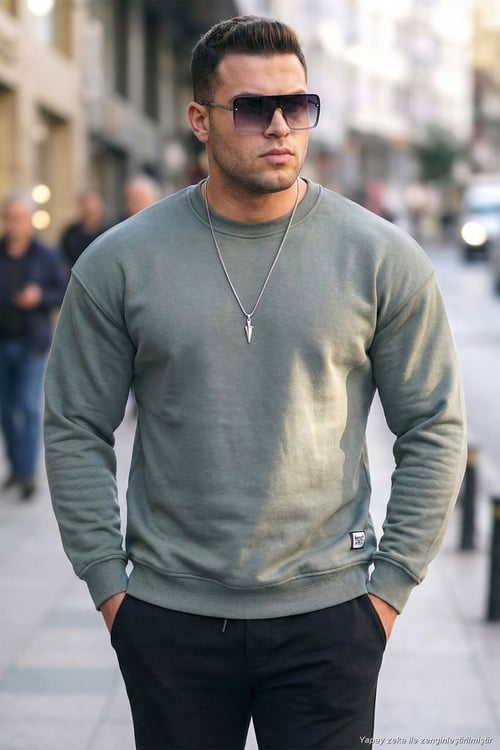 Regular Fit Bisiklet Yaka Pamuklu İçi Tüylü Yumuşak Şardonlu Erkek Sweat 5905255 AÇIK HAKİ