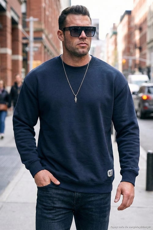 Regular Fit Bisiklet Yaka Pamuklu İçi Tüylü Yumuşak Şardonlu Erkek Sweat 5905255 KOYU LACİVERT