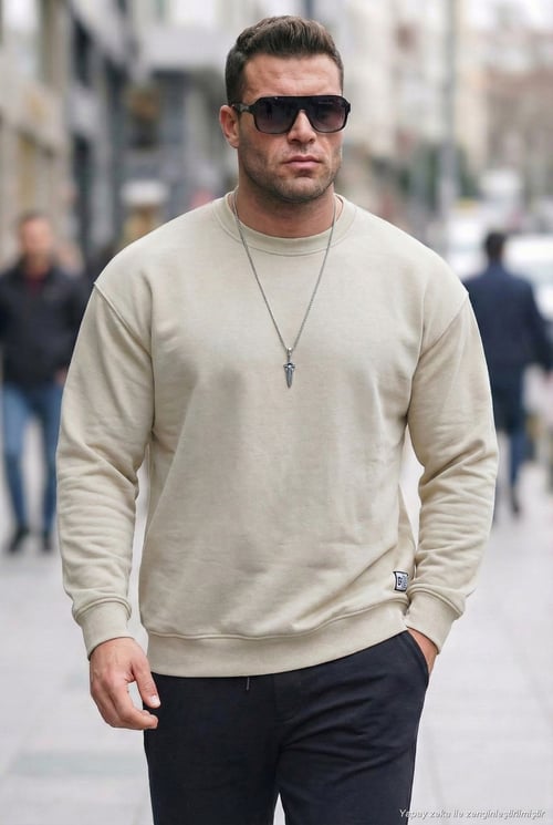 Regular Fit Bisiklet Yaka Pamuklu İçi Tüylü Yumuşak Şardonlu Erkek Sweat 5905255 KREM
