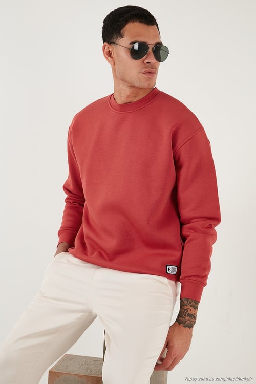 Regular Fit Bisiklet Yaka Pamuklu İçi Tüylü Yumuşak Şardonlu Erkek Sweat 59052553W4 BAYRAK KIRMIZI