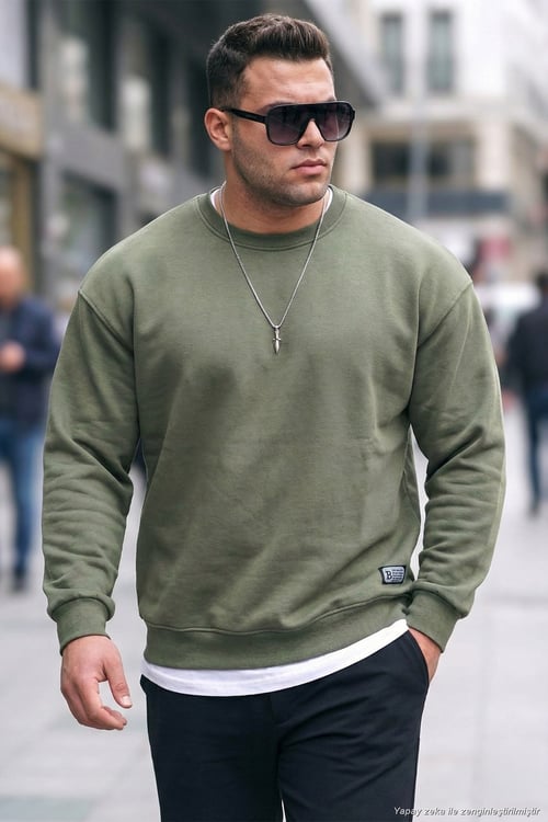 Regular Fit Bisiklet Yaka Pamuklu İçi Tüylü Yumuşak Şardonlu Erkek Sweat 5905255 HAKİ