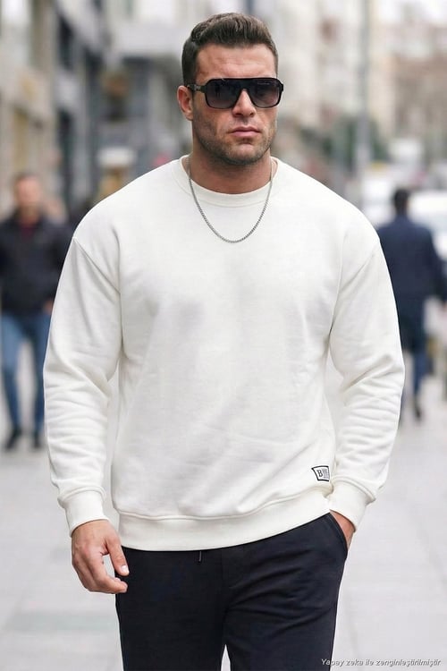 Regular Fit Bisiklet Yaka Pamuklu İçi Tüylü Yumuşak Şardonlu Erkek Sweat 5905255 EKRU