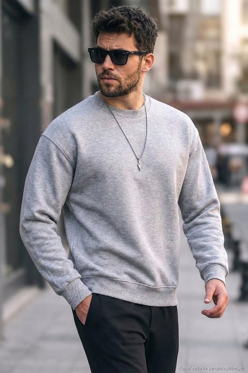 Regular Fit Bisiklet Yaka Pamuklu İçi Tüylü Yumuşak Şardonlu Erkek Sweat 5905255 GRİ MELANJ