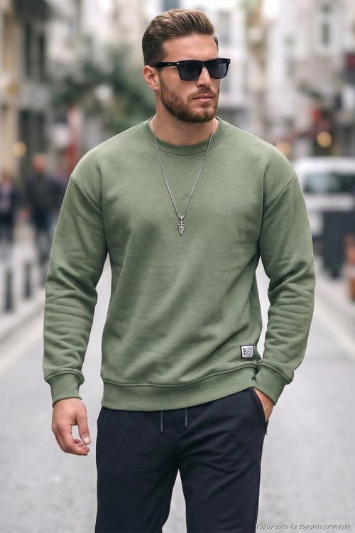 Regular Fit Bisiklet Yaka Pamuklu İçi Tüylü Yumuşak Şardonlu Erkek Sweat 5905255 Elma