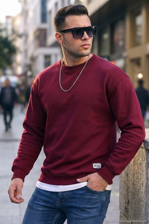 Regular Fit Bisiklet Yaka Pamuklu İçi Tüylü Yumuşak Şardonlu Erkek Sweat 5905255 BORDO