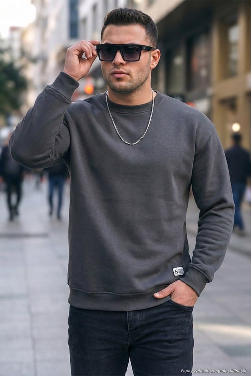 Regular Fit Bisiklet Yaka Pamuklu İçi Tüylü Yumuşak Şardonlu Erkek Sweat 5905255 ANTRASİT