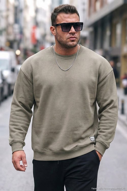 Regular Fit Bisiklet Yaka Pamuklu İçi Tüylü Yumuşak Şardonlu Erkek Sweat 5905255 Vizon Yeşili