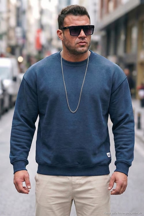 Regular Fit Bisiklet Yaka Pamuklu İçi Tüylü Yumuşak Şardonlu Erkek Sweat 5905255 İNDİGO
