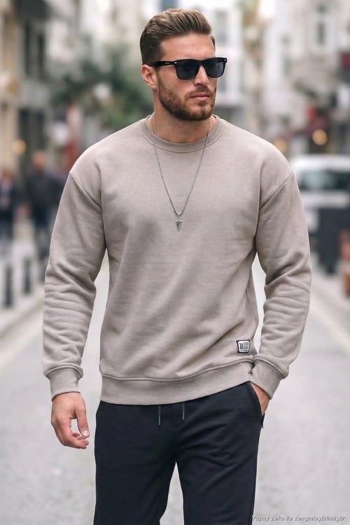 Regular Fit Bisiklet Yaka Pamuklu İçi Tüylü Yumuşak Şardonlu Erkek Sweat 5905255 Kül