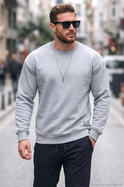Regular Fit Bisiklet Yaka Pamuklu İçi Tüylü Yumuşak Şardonlu Erkek Sweat 5905255 AÇIK GRİ
