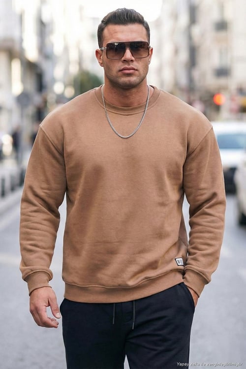 Regular Fit Bisiklet Yaka Pamuklu İçi Tüylü Yumuşak Şardonlu Erkek Sweat 5905255 Tarçın