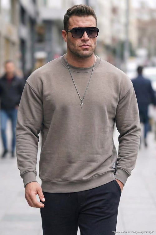 Regular Fit Bisiklet Yaka Pamuklu İçi Tüylü Yumuşak Şardonlu Erkek Sweat 5905255 TOPRAK