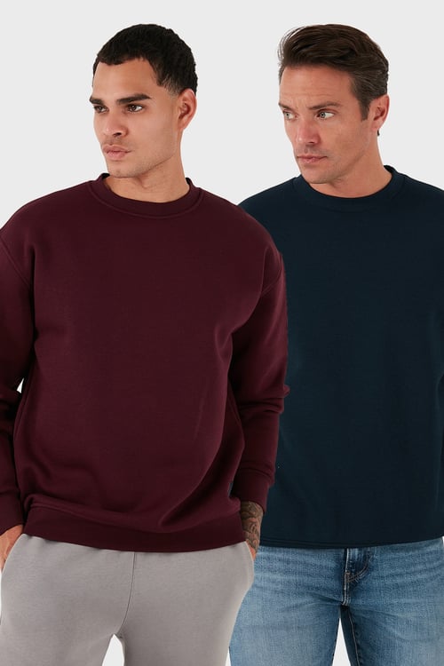 Regular Fit Bisiklet Yaka Şardonlu 2'li Paket Erkek Sweat 5905255S2 Koyu Lacivert-Vişne