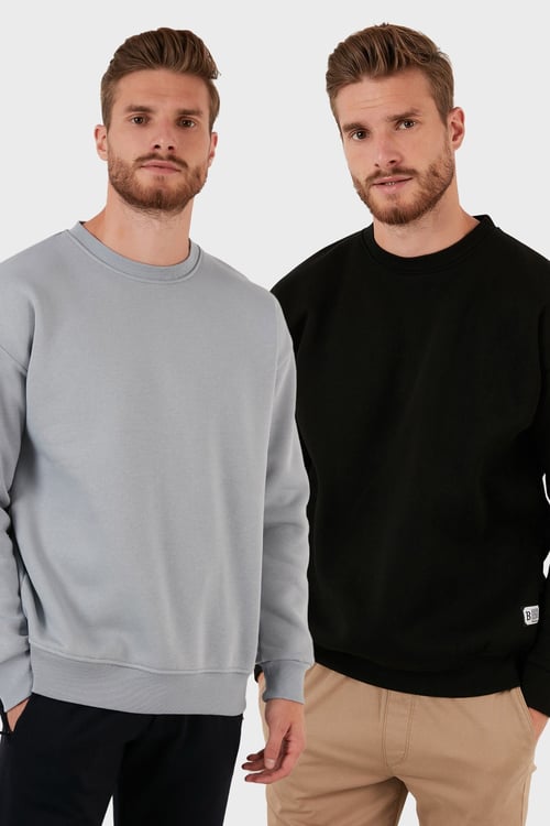 Regular Fit Bisiklet Yaka Şardonlu 2'li Paket Erkek Sweat 5905255S2 AÇIK GRİ-SİYAH