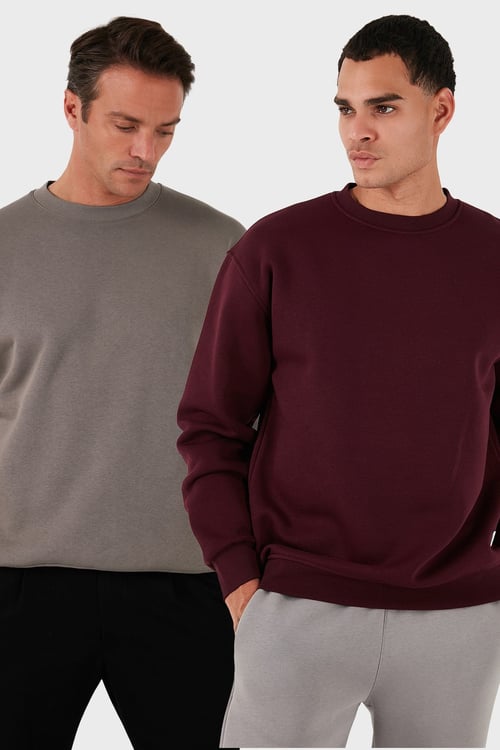 Regular Fit Bisiklet Yaka Şardonlu 2'li Paket Erkek Sweat 5905255S2 VİŞNE-TOPRAK