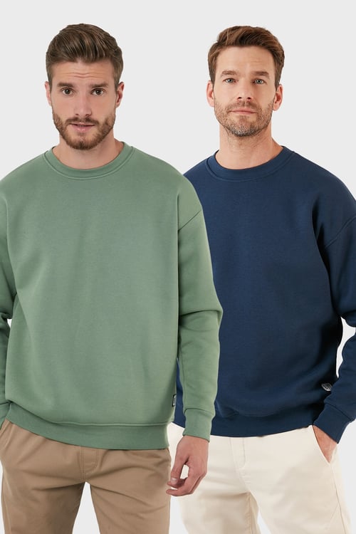 Regular Fit Bisiklet Yaka Şardonlu 2'li Paket Erkek Sweat 5905255S2 ELMA-İNDİGO
