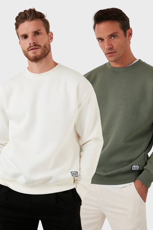 Regular Fit Bisiklet Yaka Şardonlu 2'li Paket Erkek Sweat 5905255S2 Ekru-Haki