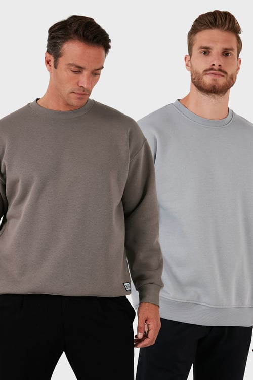 Regular Fit Bisiklet Yaka Şardonlu 2'li Paket Erkek Sweat 5905255S2 TOPRAK-AÇIK GRİ