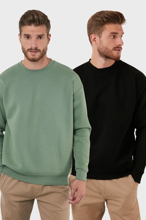 Regular Fit Bisiklet Yaka Şardonlu 2'li Paket Erkek Sweat 5905255S2 ELMA-SİYAH