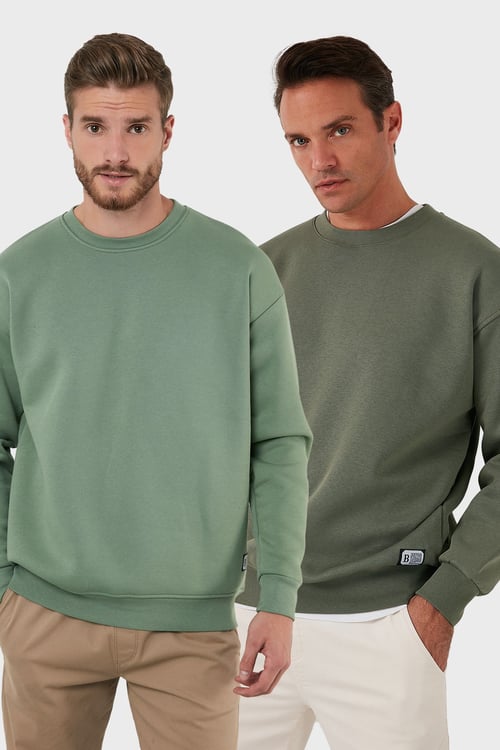 Regular Fit Bisiklet Yaka Şardonlu 2'li Paket Erkek Sweat 5905255S2 ELMA-HAKİ