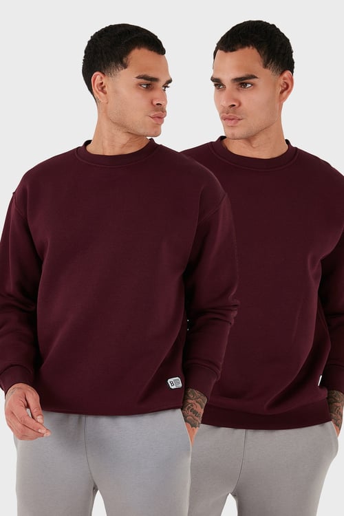 Regular Fit Bisiklet Yaka Şardonlu 2'li Paket Erkek Sweat 5905255S2 Vişne-Vişne