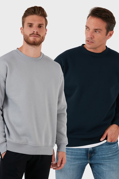 Regular Fit Bisiklet Yaka Şardonlu 2'li Paket Erkek Sweat 5905255S2 Açık Gri-Koyu Lacivert