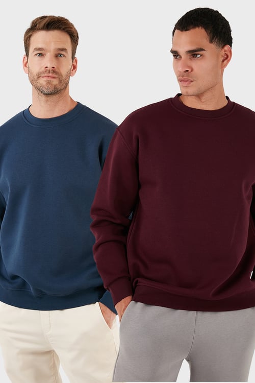 Regular Fit Bisiklet Yaka Şardonlu 2'li Paket Erkek Sweat 5905255S2 İNDİGO-VİŞNE