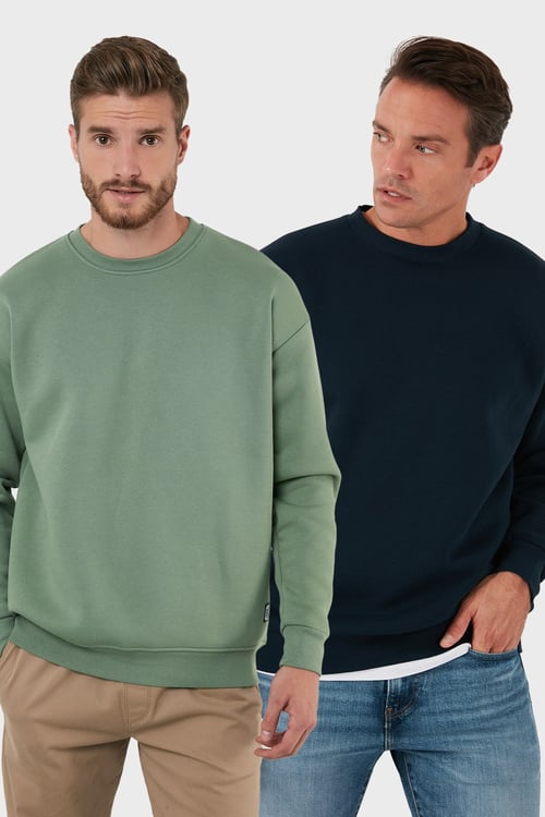 Regular Fit Bisiklet Yaka Şardonlu 2'li Paket Erkek Sweat 5905255S2 ELMA-KOYU LACİVERT