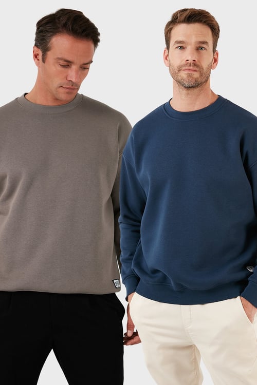 Regular Fit Bisiklet Yaka Şardonlu 2'li Paket Erkek Sweat 5905255S2 İNDİGO-TOPRAK