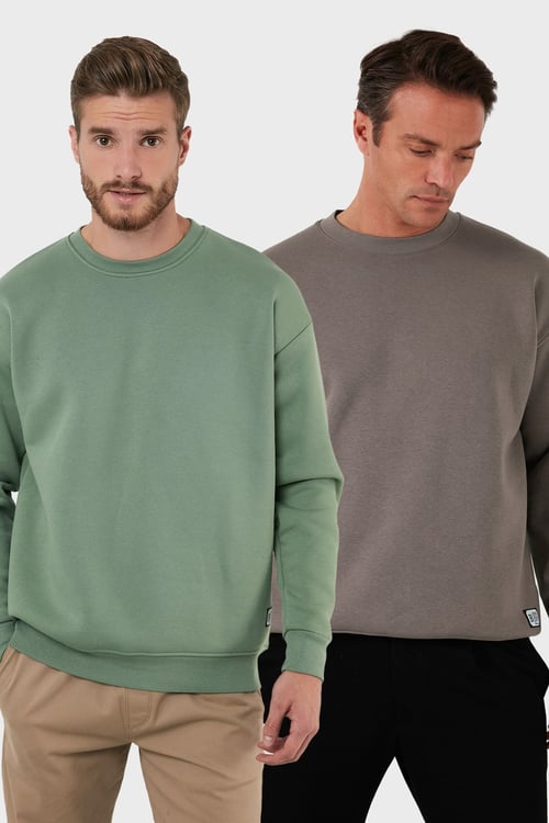Regular Fit Bisiklet Yaka Şardonlu 2'li Paket Erkek Sweat 5905255S2 ELMA-TOPRAK