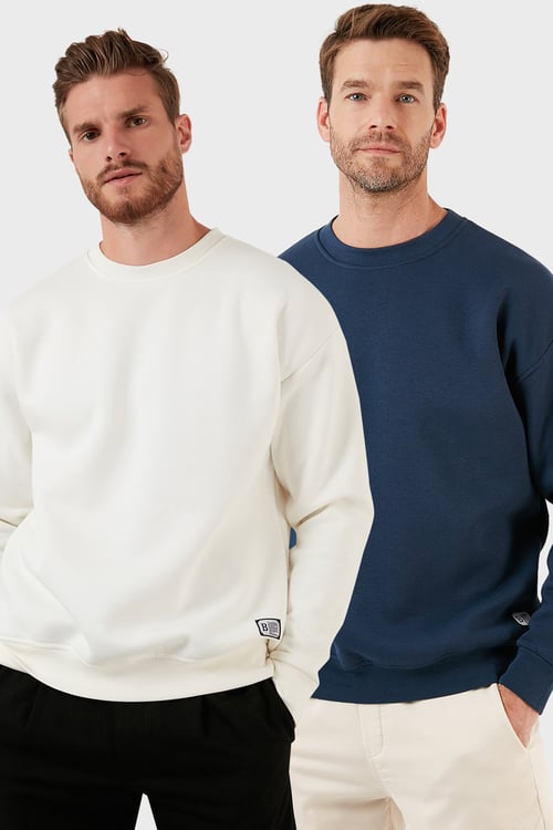 Regular Fit Bisiklet Yaka Şardonlu 2'li Paket Erkek Sweat 5905255S2 Ekru-İndigo